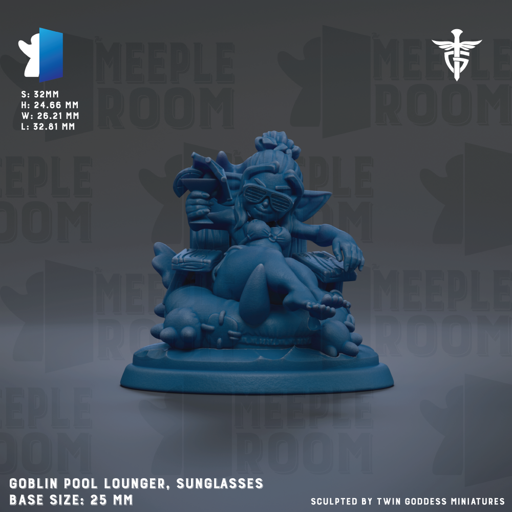 a blue figurine of a person wearing sunglasses, sitting on a base. The figurine appears to be a pool lounger or lounge chair, and it is described as a "Goblin Pool Lounger, Sunglasses". The base size of the figurine is 25mm.