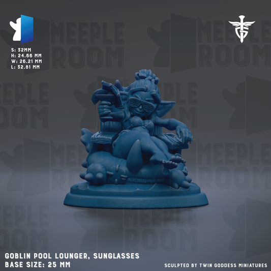 a blue figurine of a person wearing sunglasses, sitting on a base. The figurine appears to be a pool lounger or lounge chair, and it is described as a "Goblin Pool Lounger, Sunglasses". The base size of the figurine is 25mm.
