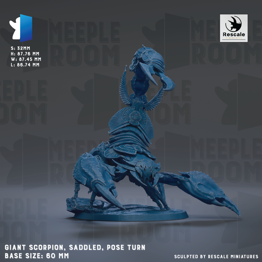 The image is a detailed model of a giant scorpion, a type of sea creature, with intricate details and a realistic appearance. The model is mounted on a base and is described as a saddleled pose, suggesting it is posed in a dynamic and lifelike manner. The image is a sculpture, and the base size is 60 millimeters. The image is a part of a larger collection of images, and it is described as being sculpted by Rescue miniatures.