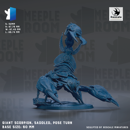 The image is a detailed model of a giant scorpion, a type of sea creature, with intricate details and a realistic appearance. The model is mounted on a base and is described as a saddleled pose, suggesting it is posed in a dynamic and lifelike manner. The image is a sculpture, and the base size is 60 millimeters. The image is a part of a larger collection of images, and it is described as being sculpted by Rescue miniatures.
