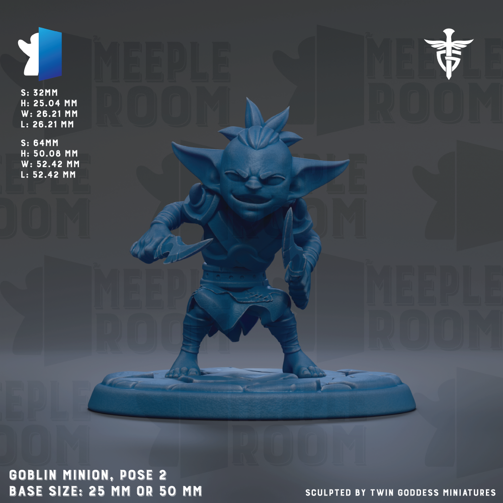 a blue figurine of a creature with large ears and a pointed head, standing on a base. The figurine is described as a "Goblin Minion" and is shown in a pose with one hand on its hip and the other hand holding a weapon. The figurine is set against a dark background with the text "MEPLE ROOM" repeated multiple times. The base size of the figurine is either 25mm or 50mm.