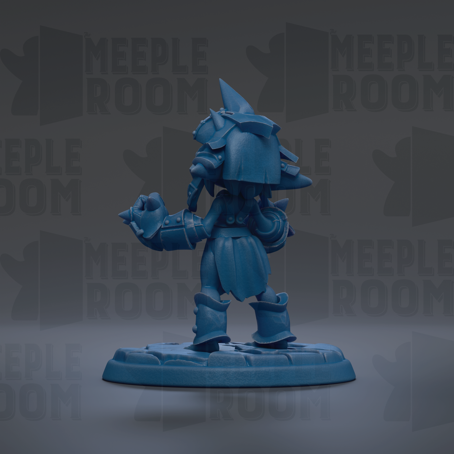 A blue figurine of a character with a pointed hat and armor stands on a base against a dark background with repeated text.