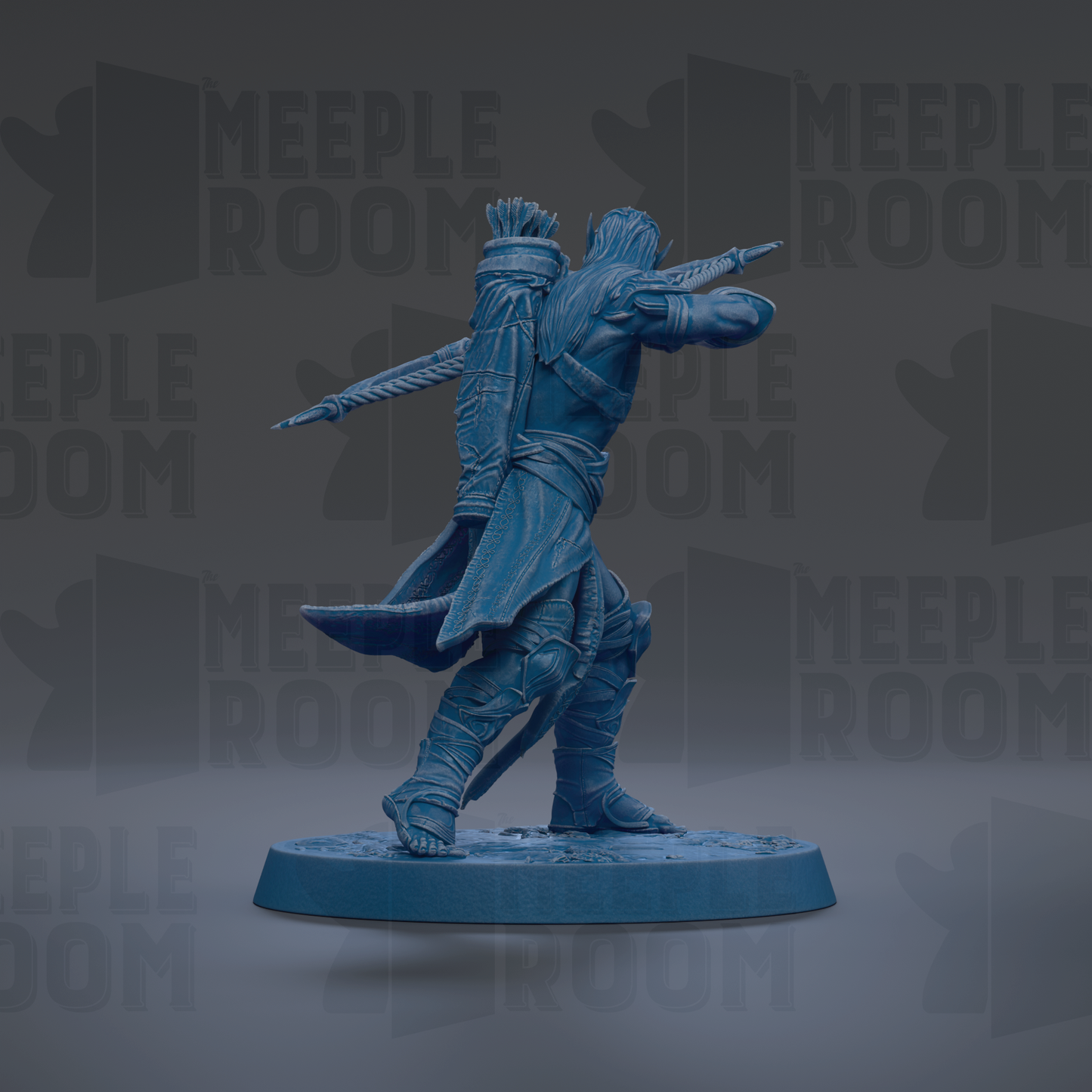A blue figurine of a warrior figure holding a sword and shield, standing on a platform against a dark background with repeated text.