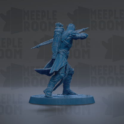 A blue figurine of a warrior figure holding a sword and shield, standing on a platform against a dark background with repeated text.