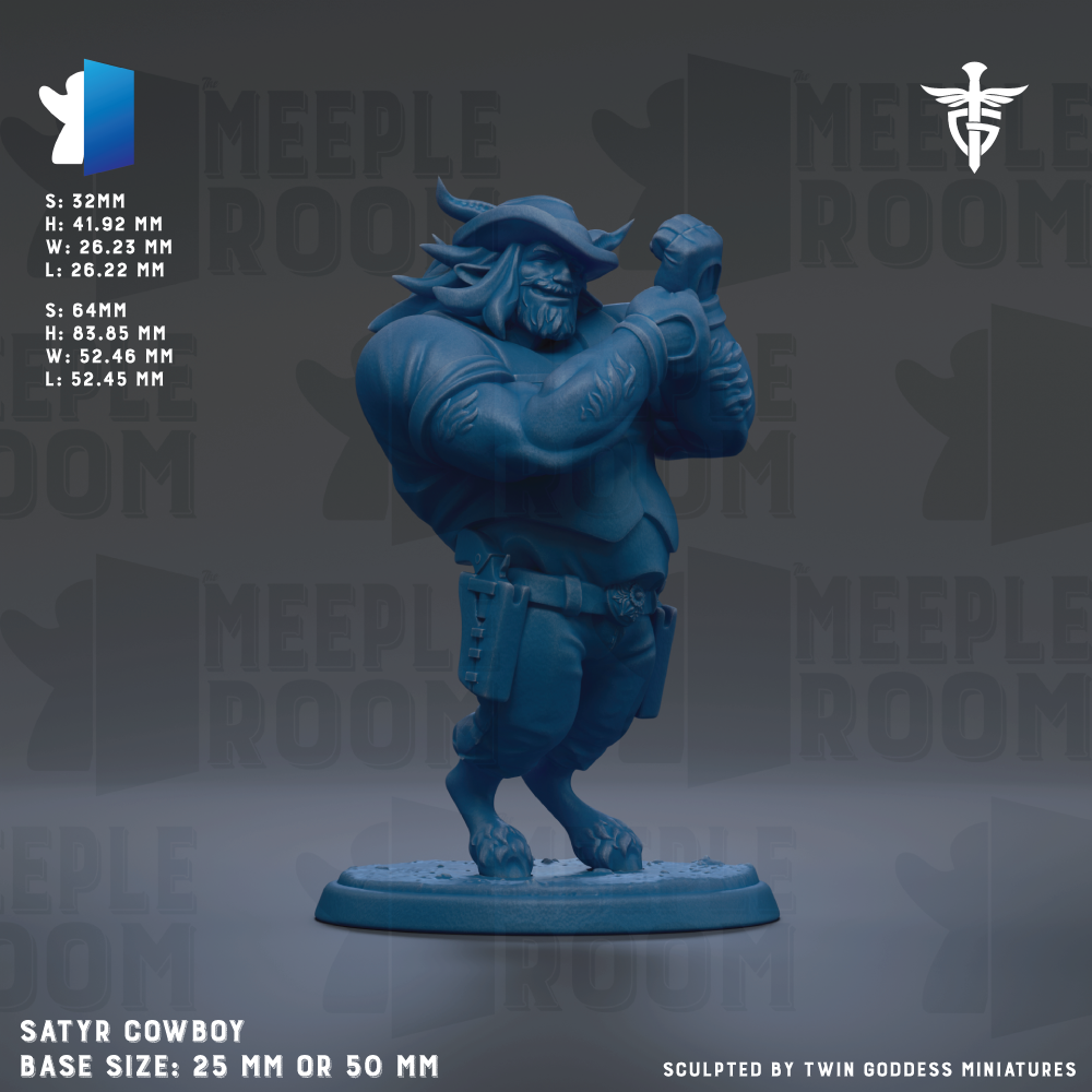 A blue figurine of a cowboy-like character, likely a character from a video game or animated series, standing on a base. The figurine is described as a "Satyr Cowboy" and has a base size of 25mm or 50mm. The image is a collage of various images, and the phrase "Sculpted by Twin Goddess Miniatures" is mentioned at the bottom.