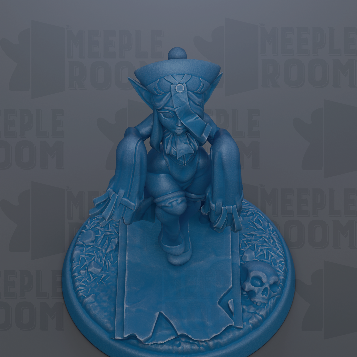 A blue figurine of a person sitting on a base with a skull and other decorative elements.