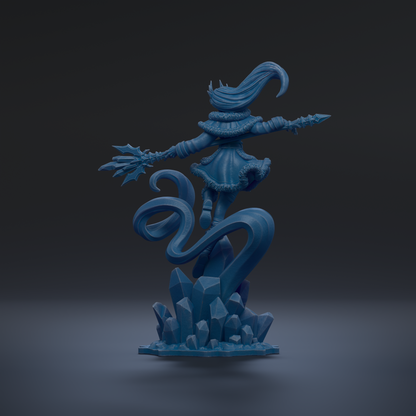 A 3D rendering of a blue, fantastical creature with a long, flowing tail and a pointed hat, standing on a base of crystals or rocks.