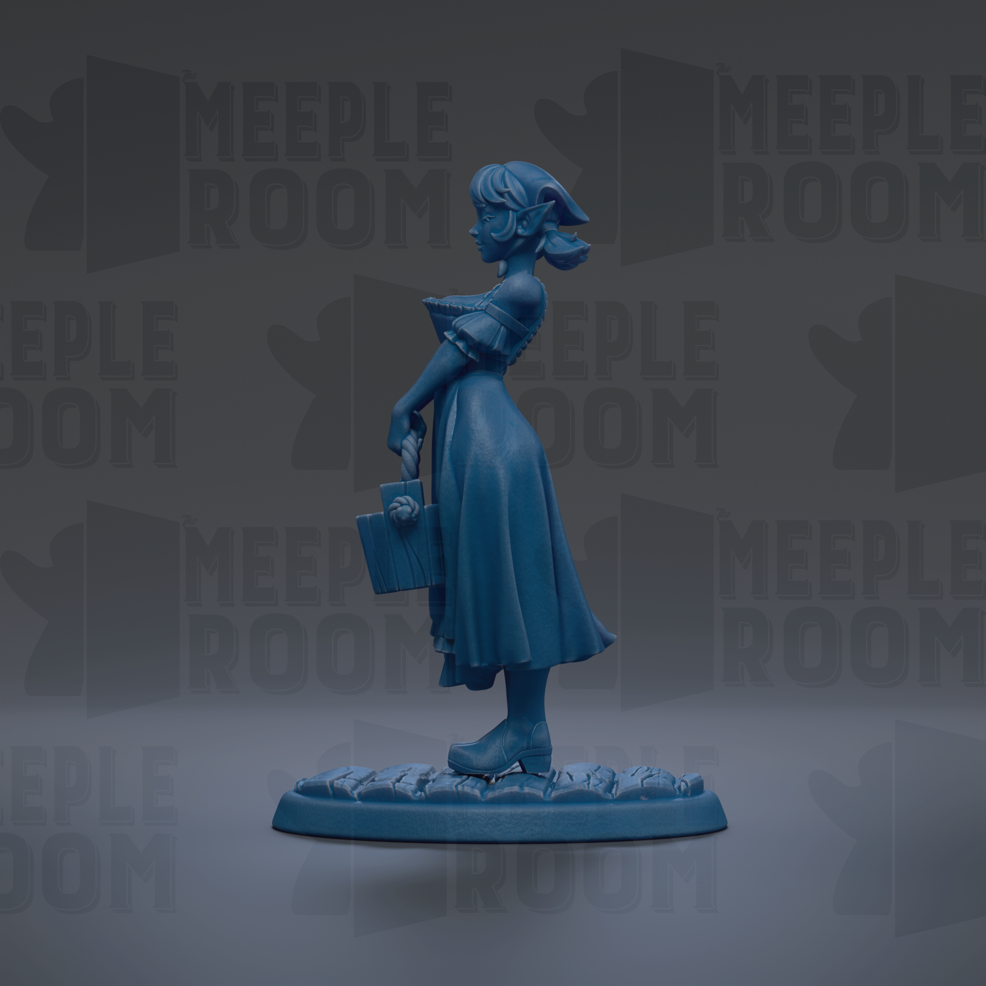 A blue figurine of a woman standing on a base, holding a blue object in her hand.