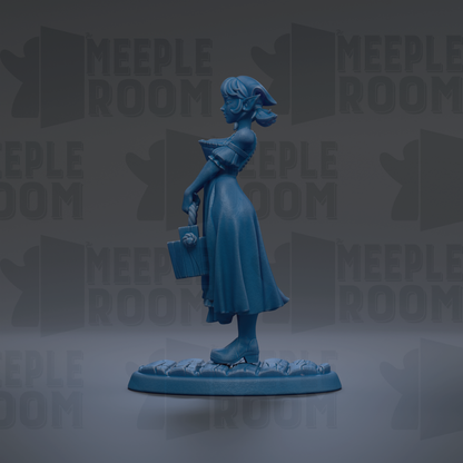 A blue figurine of a woman standing on a base, holding a blue object in her hand.