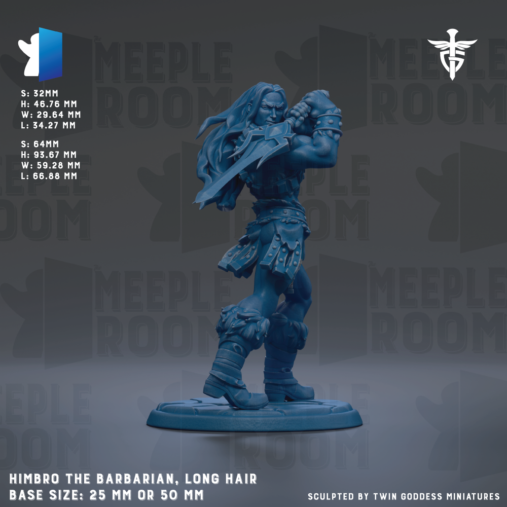 a detailed figurine of a muscular, long-haired warrior wielding a sword, set against a dark background with repeated text and logos.