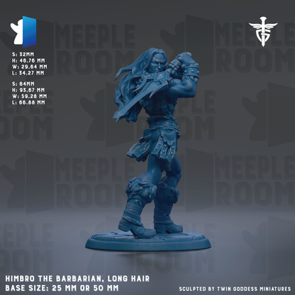 a detailed figurine of a muscular, long-haired warrior wielding a sword, set against a dark background with repeated text and logos.