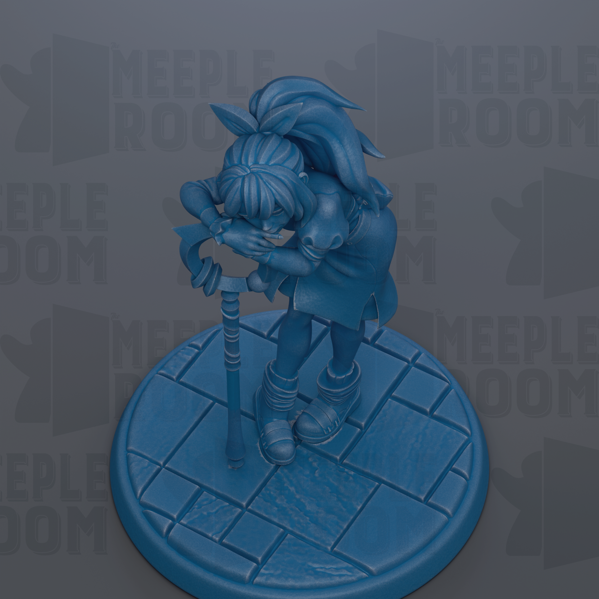A blue figurine of a person with long hair and a ponytail is depicted in a kneeling position on a blue platform.