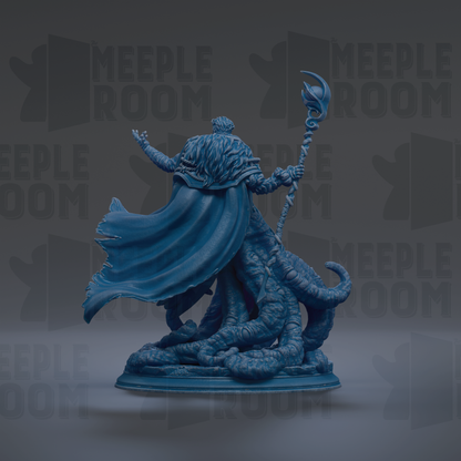 A blue figurine of a fantastical creature with a flowing cape and staff, standing on a base.