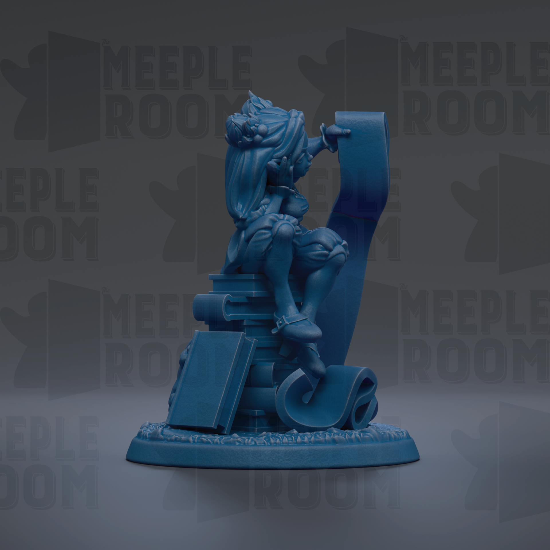 A blue figurine of a person sitting on a stack of books, with the text "MEEPLE ROOM" repeated in the background.