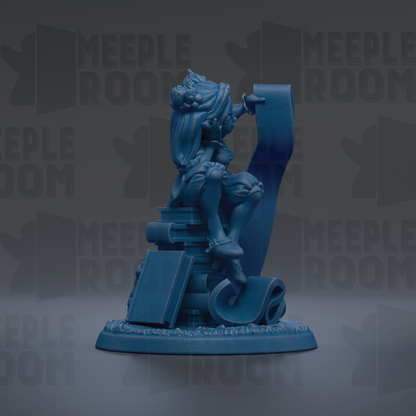 A blue figurine of a person sitting on a stack of books, with the text "MEEPLE ROOM" repeated in the background.