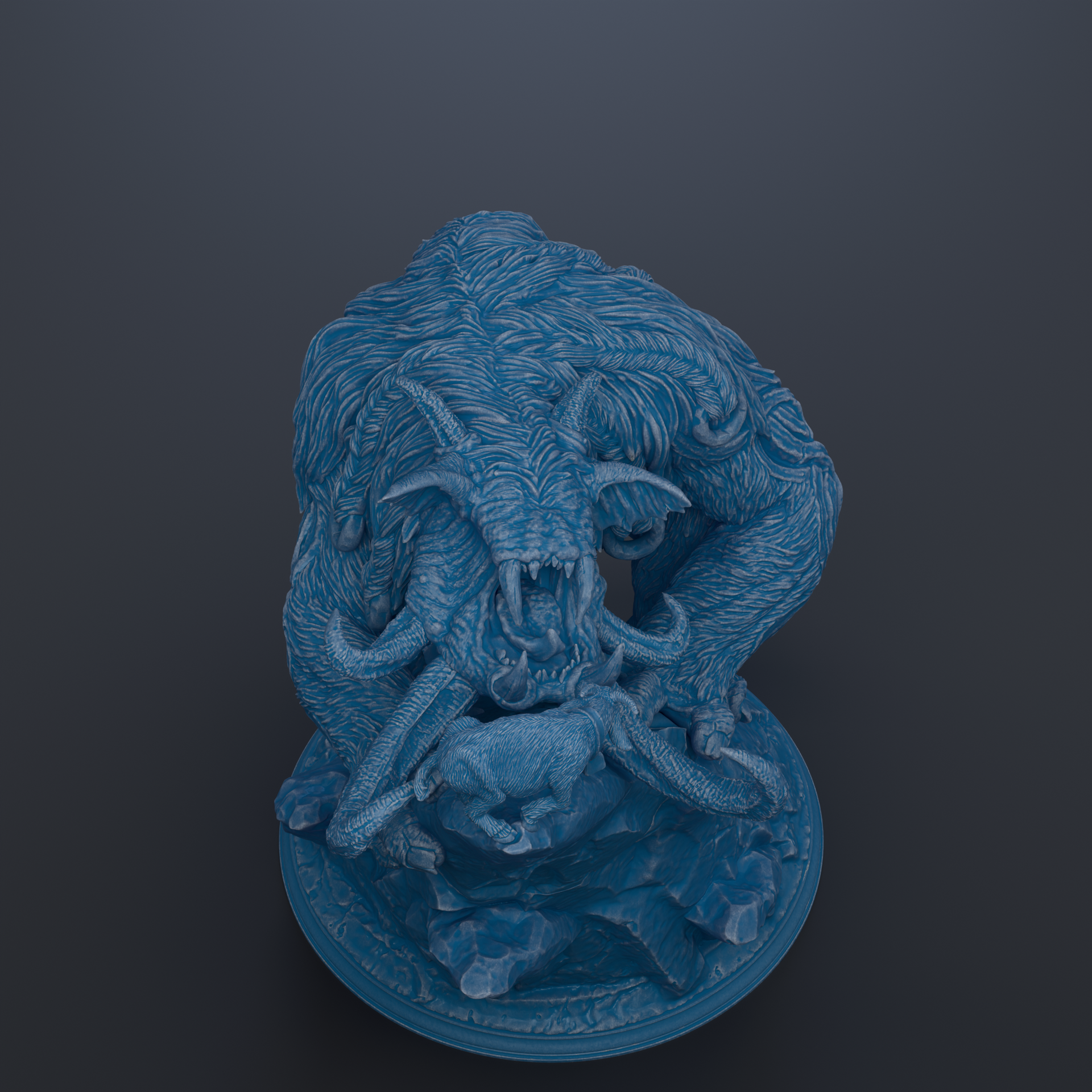 A 3D rendering of a blue, fantastical creature with sharp teeth and claws, standing on a rock formation.