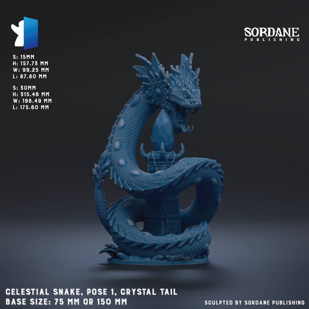 The image is a detailed 3D rendering of a blue crystal snake statue, with a textured and intricate design. The snake is posed in a dynamic, curled position, and the statue is described as a "Celestial Snake, pose 1, Crystal Tail" with a base size of 75 mm or 150 mm. The image is a collage of multiple images, and it is published by Sordane Publishing.
