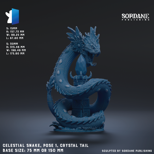The image is a detailed 3D rendering of a blue crystal snake statue, with a textured and intricate design. The snake is posed in a dynamic, curled position, and the statue is described as a "Celestial Snake, pose 1, Crystal Tail" with a base size of 75 mm or 150 mm. The image is a collage of multiple images, and it is published by Sordane Publishing.