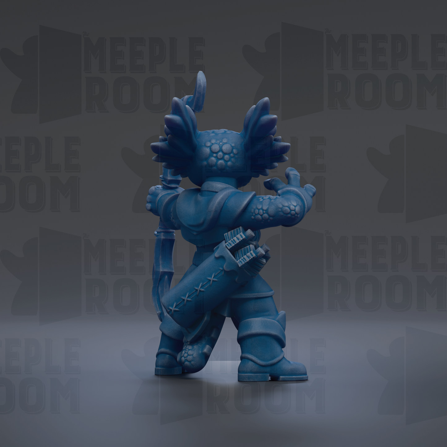 A blue, winged figurine with a sword and shield stands in the center of the image against a dark background with repeated text.