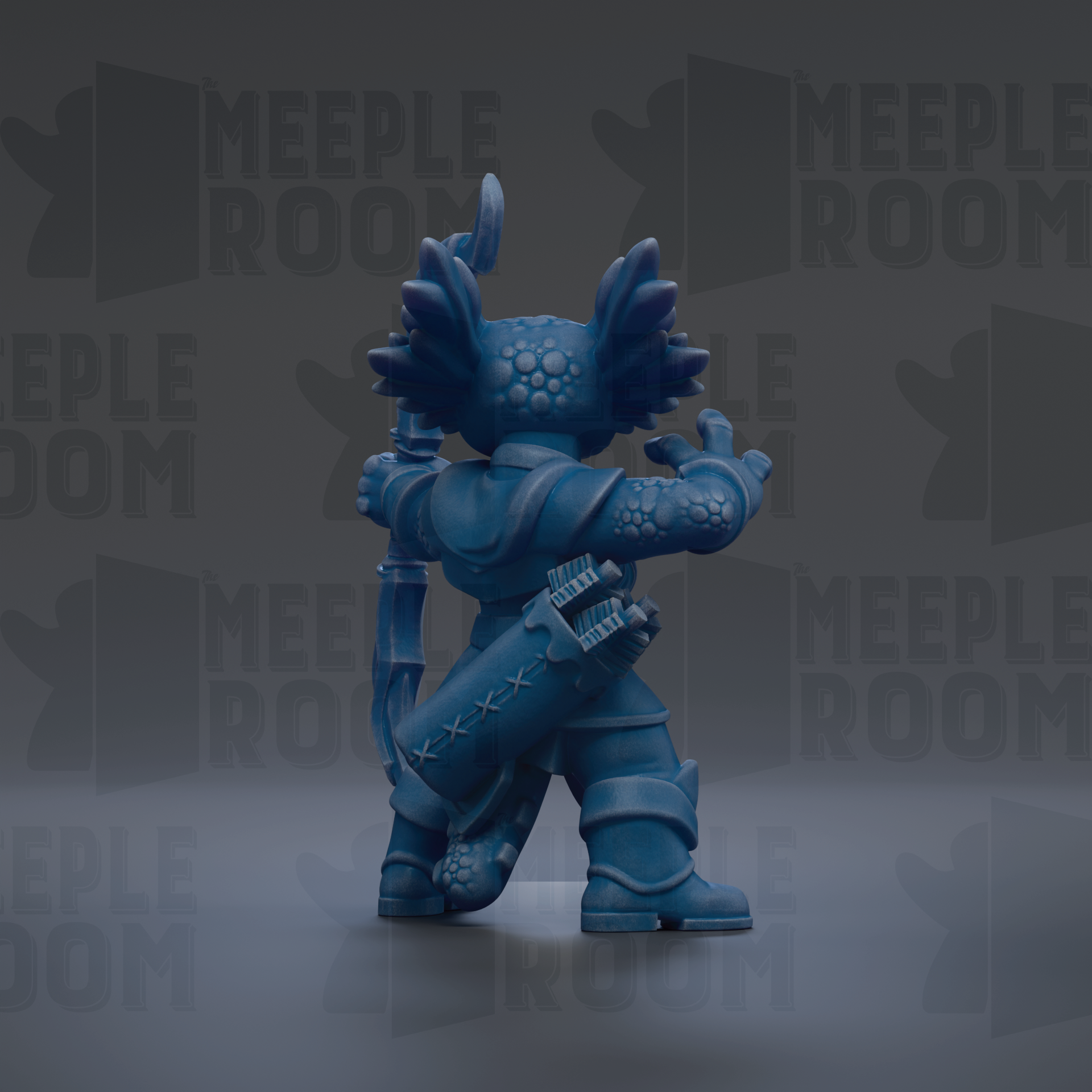 A blue, winged figurine with a sword and shield stands in the center of the image against a dark background with repeated text.