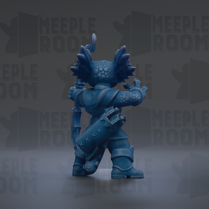 A blue, winged figurine with a sword and shield stands in the center of the image against a dark background with repeated text.