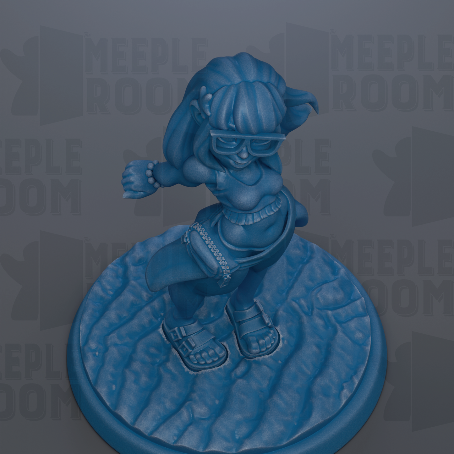 A blue figurine of a person with glasses and a backpack is displayed on a circular base.