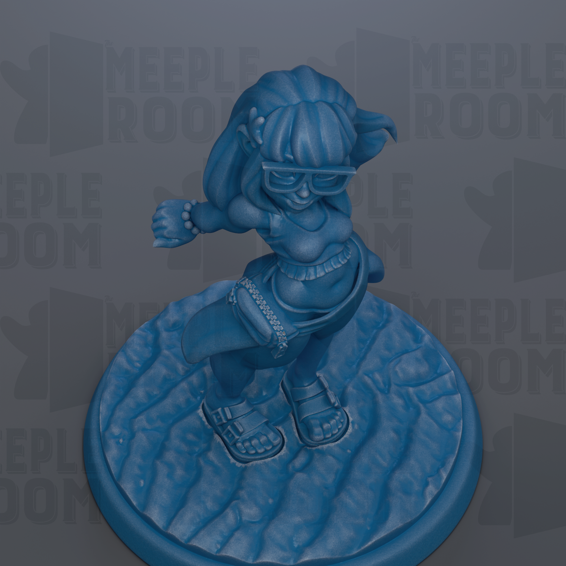 A blue figurine of a person with glasses and a backpack is displayed on a circular base.