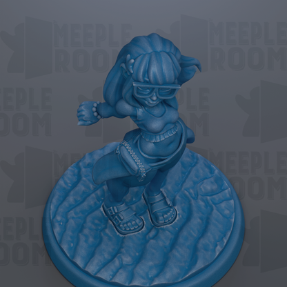 A blue figurine of a person with glasses and a backpack is displayed on a circular base.