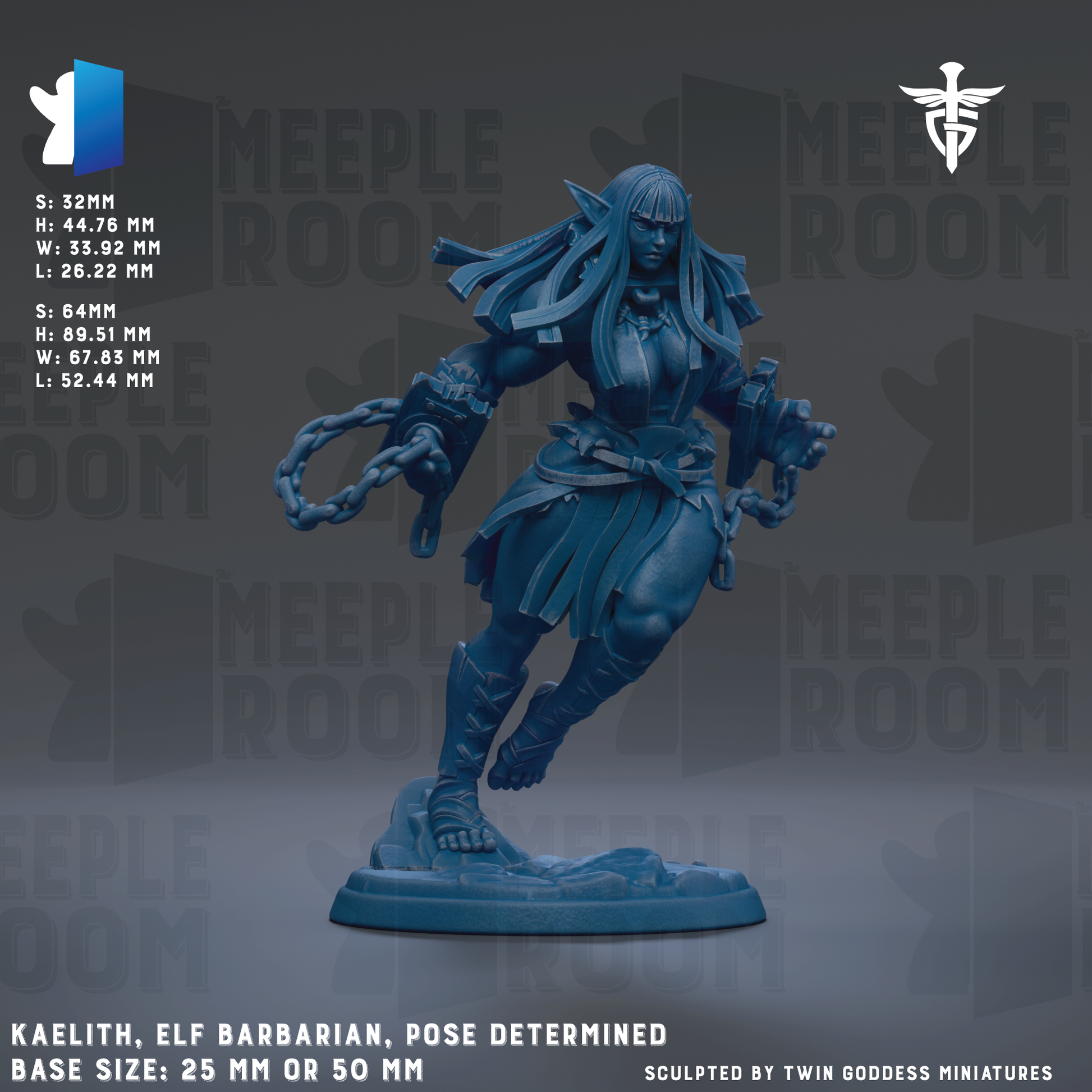 a detailed figurine of an elf-like character, likely a barbarian, posed in a dynamic stance. The figurine is made of a dark blue material and is displayed on a base that is either 25mm or 50mm in size. The background of the image is a gradient gray color, which complements the dark blue of the figurine. The image does not contain any text, and the focus is solely on the figurine and its pose.