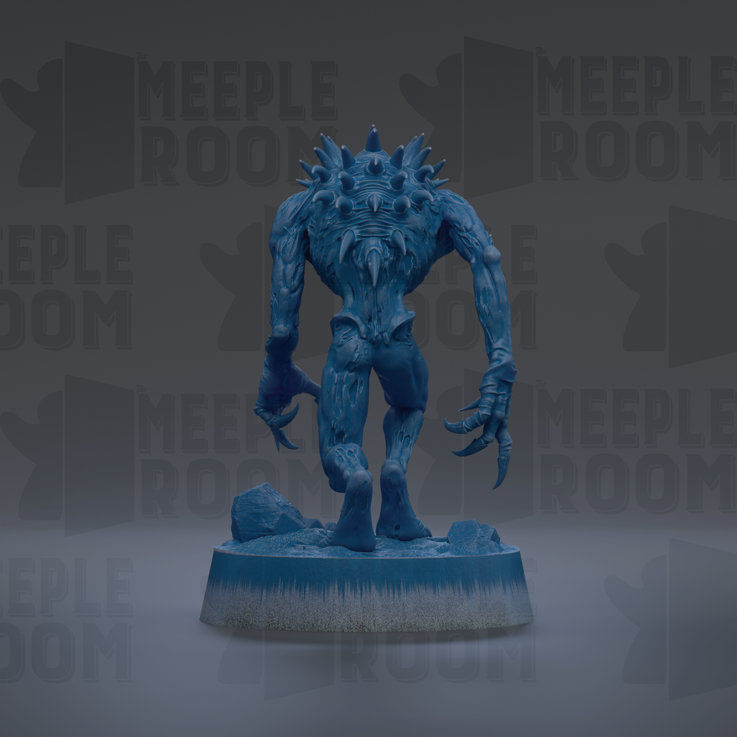 A blue, spiky-looking figurine stands on a base, with the text "MEUPLE ROOM" repeated in the background.