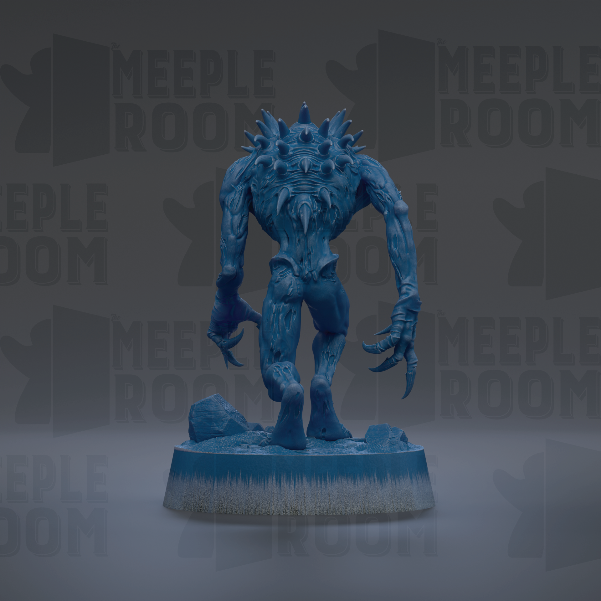 A blue, spiky-looking figurine stands on a base, with the text "MEUPLE ROOM" repeated in the background.