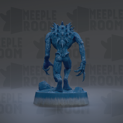 A blue, spiky-looking figurine stands on a base, with the text "MEUPLE ROOM" repeated in the background.