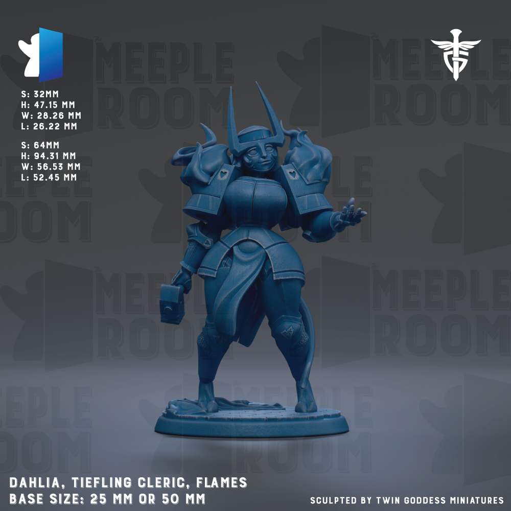 The image is a detailed 3D rendering of a warrior figure, specifically a warrior named Dahlia, who is depicted as a tiefling wizard. The figure is shown in a dynamic pose, with a sword in hand and a shield raised. The background of the image is a dark blue color, which contrasts with the figure and makes it stand out. The image is labeled with the text "MEIPLE ROOM" and "Dahlia, Tiefling Cleric, Flames Base Size: 25 MM or 50 MM", providing information about the size and origin of the figure.