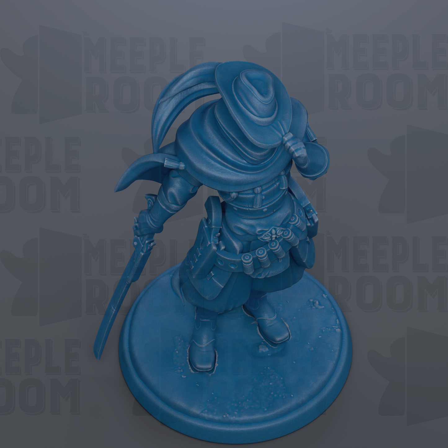 A blue figurine of a character with a hat and a sword, standing on a base.