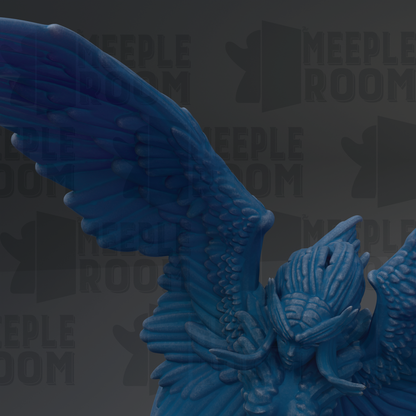 A close-up view of a blue, winged sculpture with intricate details, set against a dark background with repeated text.