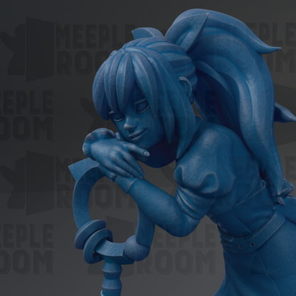 A blue, cartoon-like character with a large head and long hair, holding a pipe and appearing to be in a contemplative or thoughtful pose.