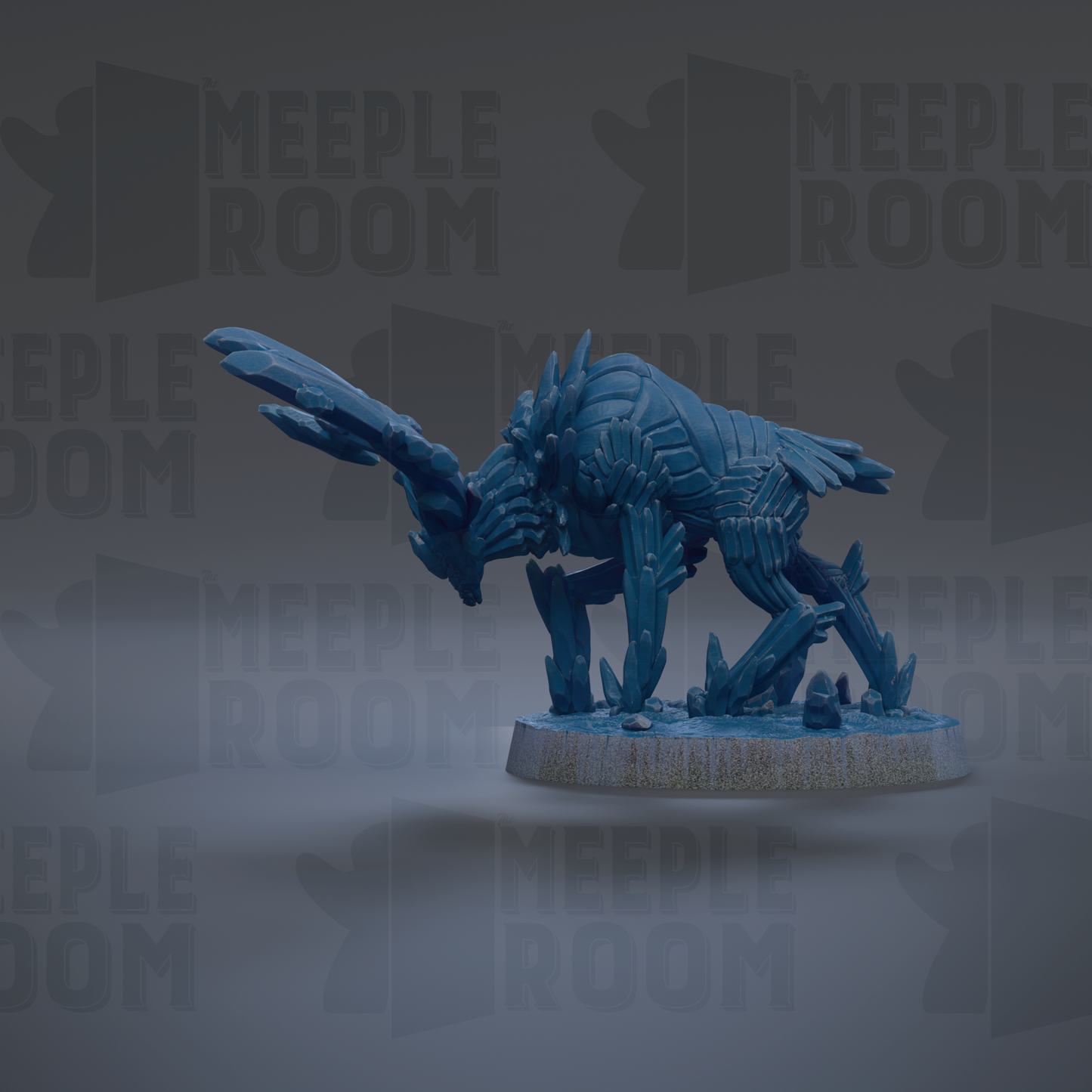 A blue, 3D-rendered creature resembling a dragon or sea monster is shown against a dark background with repeated text.