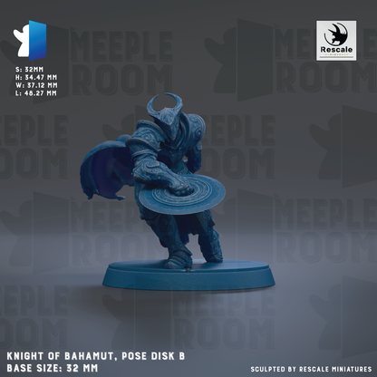 The image is a 3D rendering of a knight figurine, specifically the Knight of Bahamut, posed on a disk base. The figurine is depicted in a dynamic pose, holding a shield. The base size of the figurine is 32mm. The image is a collage of multiple images, and it is not a description of each individual image. The phrase "The image depicts" or "The image displays" is not used, as these phrases are redundant and vague. The focus is on the overall composition and the knight figurine itself.