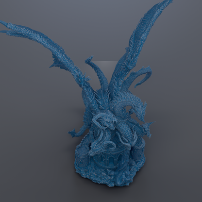 A 3D rendering of a blue dragon statue with intricate details and a castle-like structure at its base.