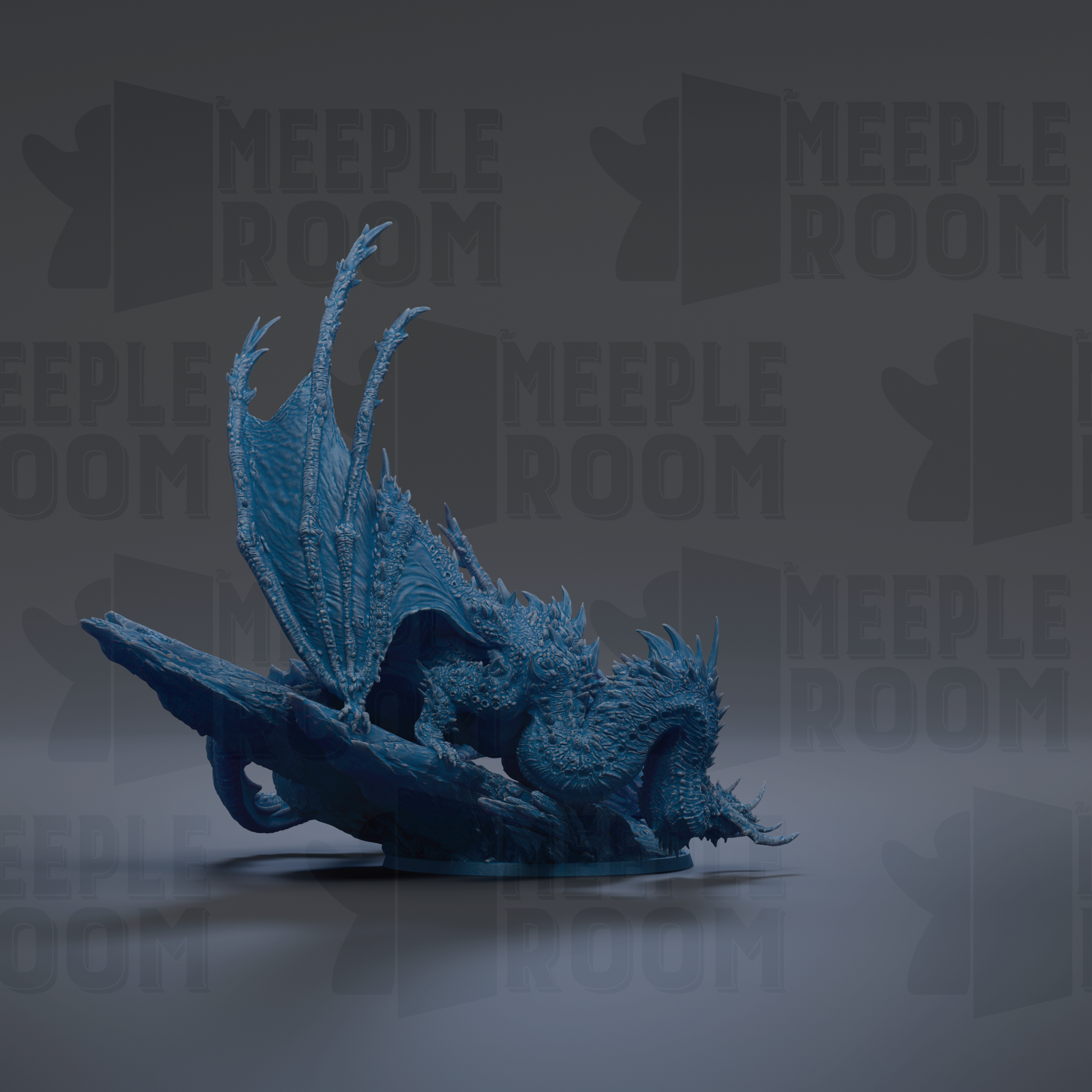 A blue dragon figurine is shown against a dark background with repeated text.