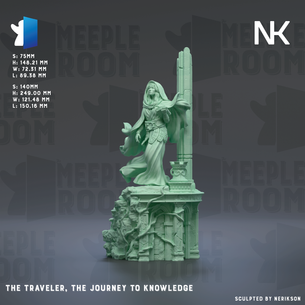 a statue of a woman with a long, flowing dress standing on a pedestal, holding a book. The statue is set against a dark background with the text "MEIPLE ROOM" repeated multiple times. The image is described as a "THE TRAVELER, THE JOURNEY TO KNOWLEDGE" and is "Sculpted by NERIKSON".