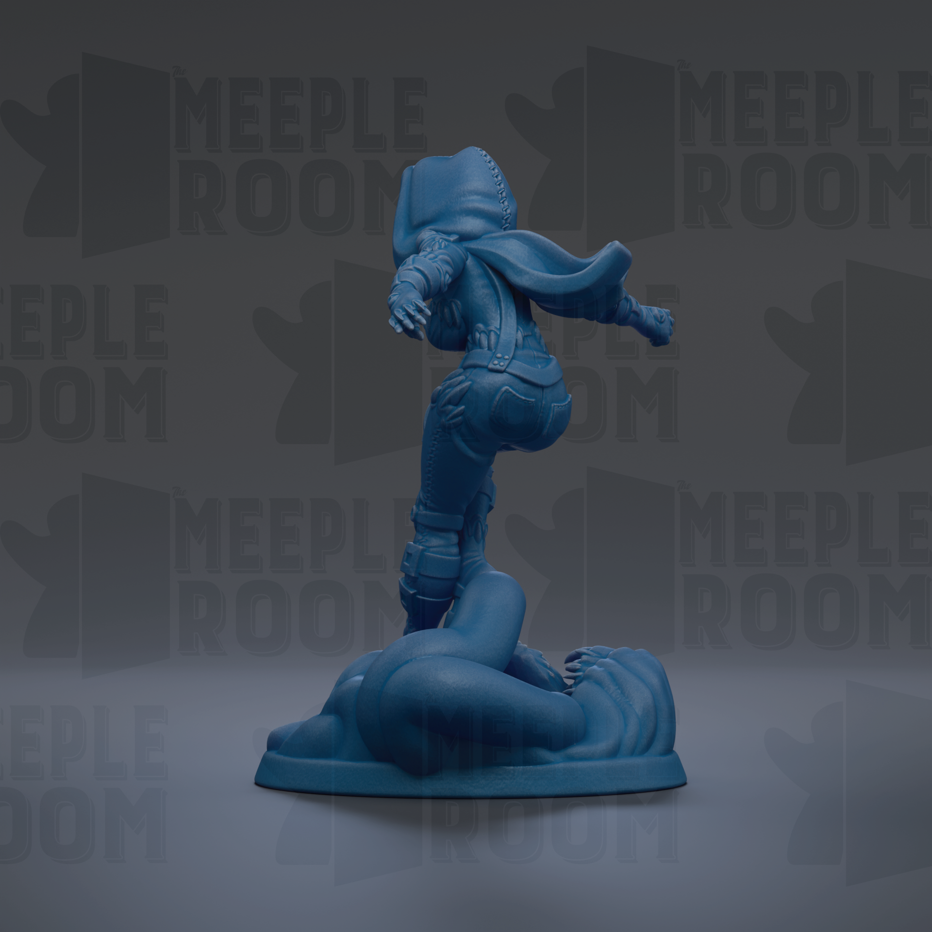A blue figurine of a person standing on a rock, with the text "MEUPLE ROOM" repeated in the background.