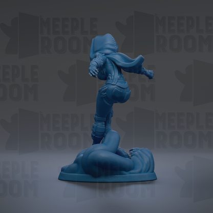 A blue figurine of a person standing on a rock, with the text "MEUPLE ROOM" repeated in the background.