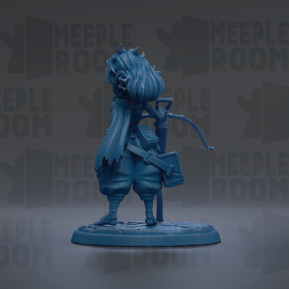 A blue figurine of a character with a long scarf and a bag, standing on a base against a dark background with repeated text.