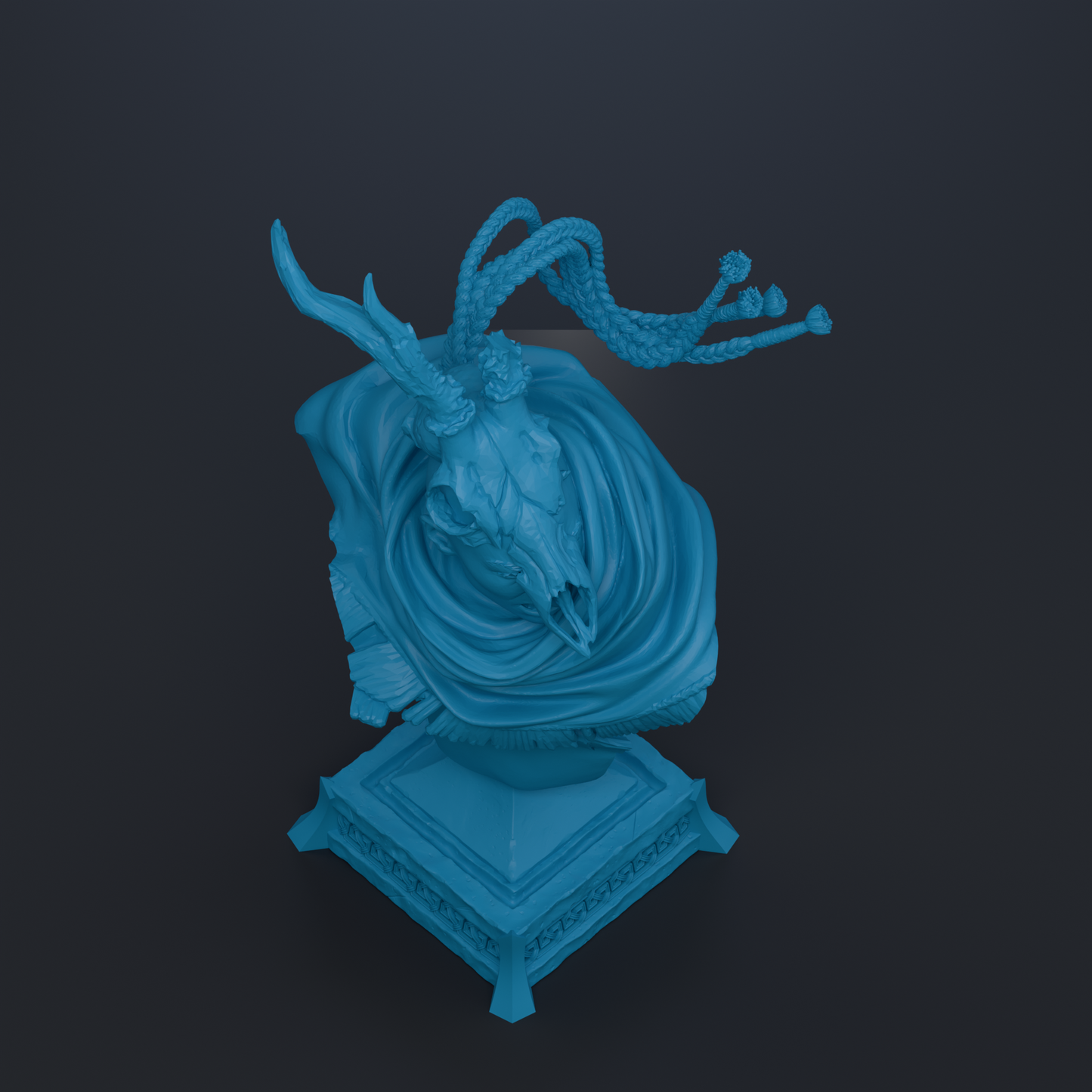 A blue, abstract sculpture with a stylized, organic shape resembling a skull or a skull-like figure.