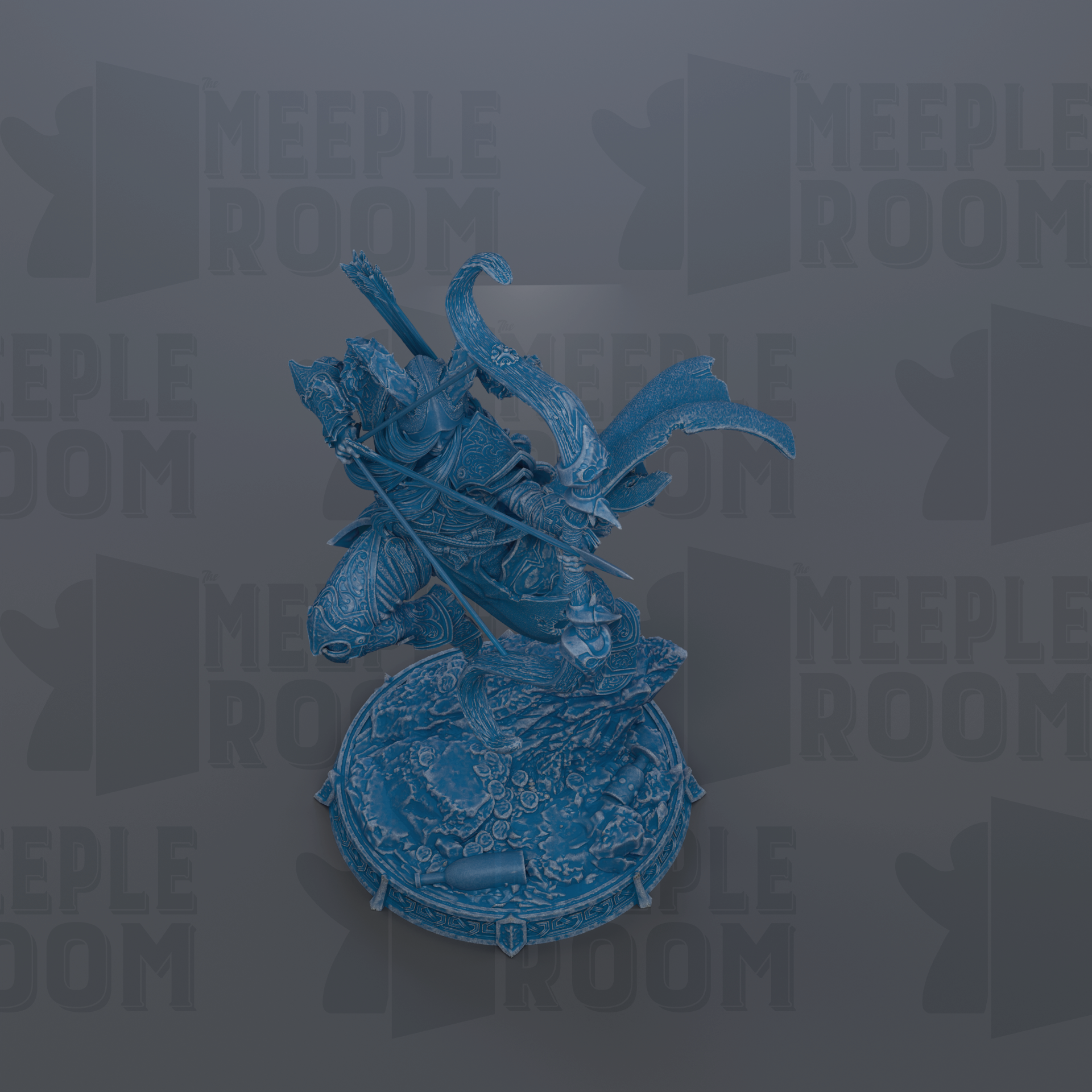 A blue, 3D-rendered statue of a figure with a sword and shield, set against a dark background with repeated text.