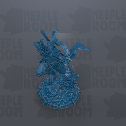 A blue, 3D-rendered statue of a figure with a sword and shield, set against a dark background with repeated text.