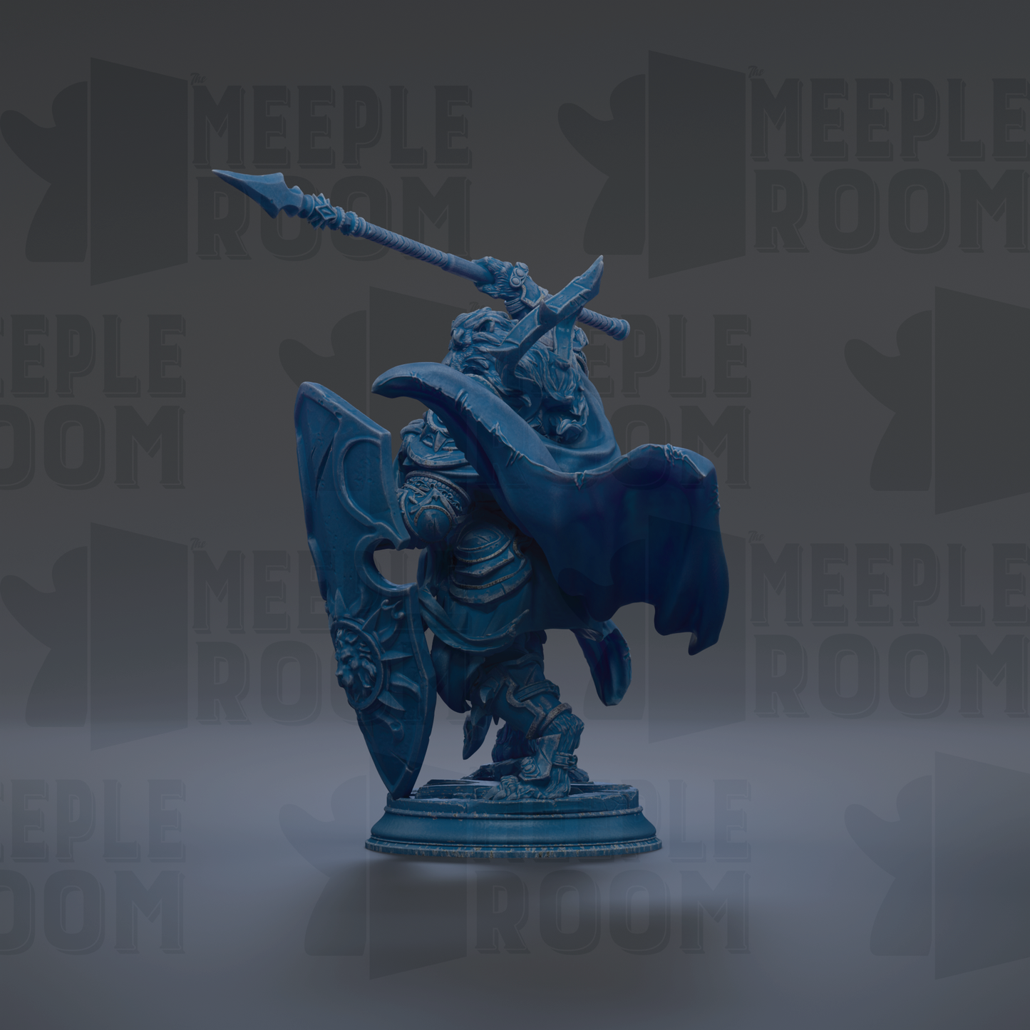 A blue figurine of a warrior standing on a pedestal, holding a shield and a spear, against a dark background with repeated text.