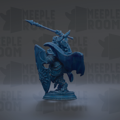 A blue figurine of a warrior standing on a pedestal, holding a shield and a spear, against a dark background with repeated text.