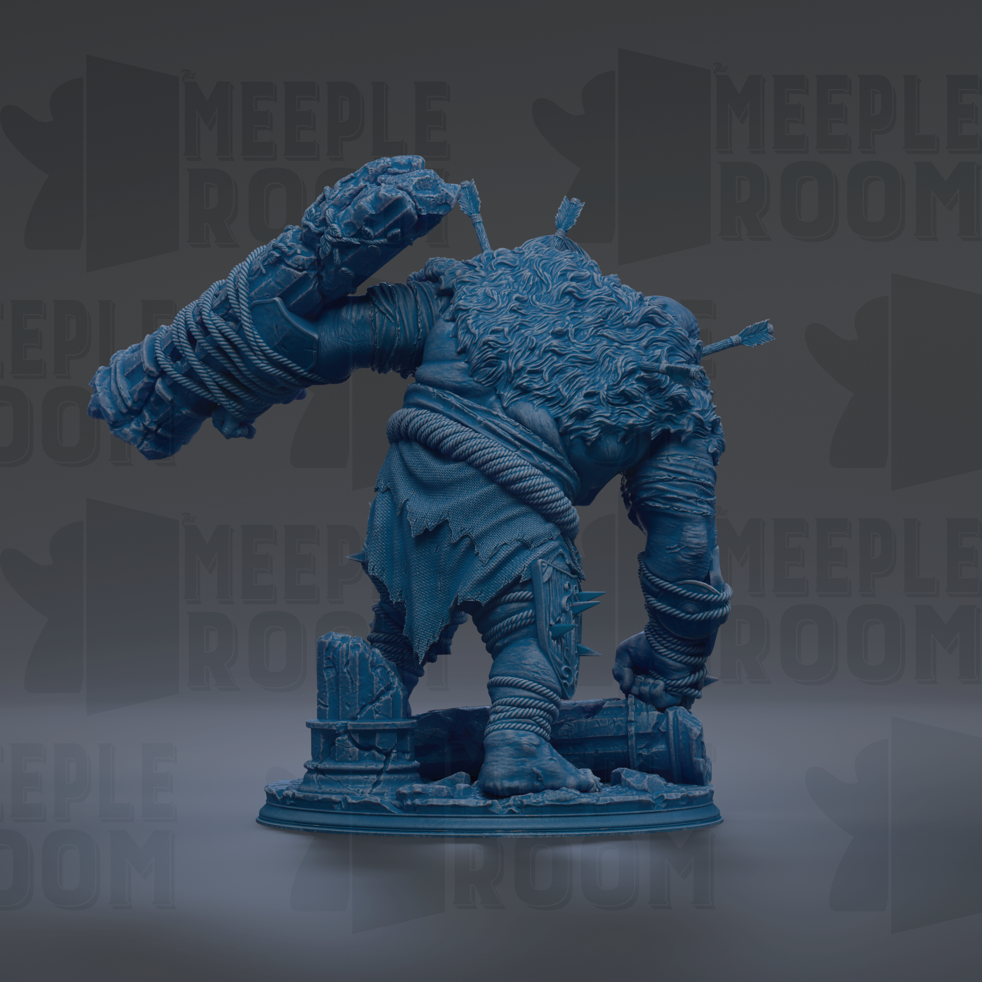 A blue, 3D-rendered statue of a fantastical creature with a large head, long neck, and a muscular build, standing on a pedestal.